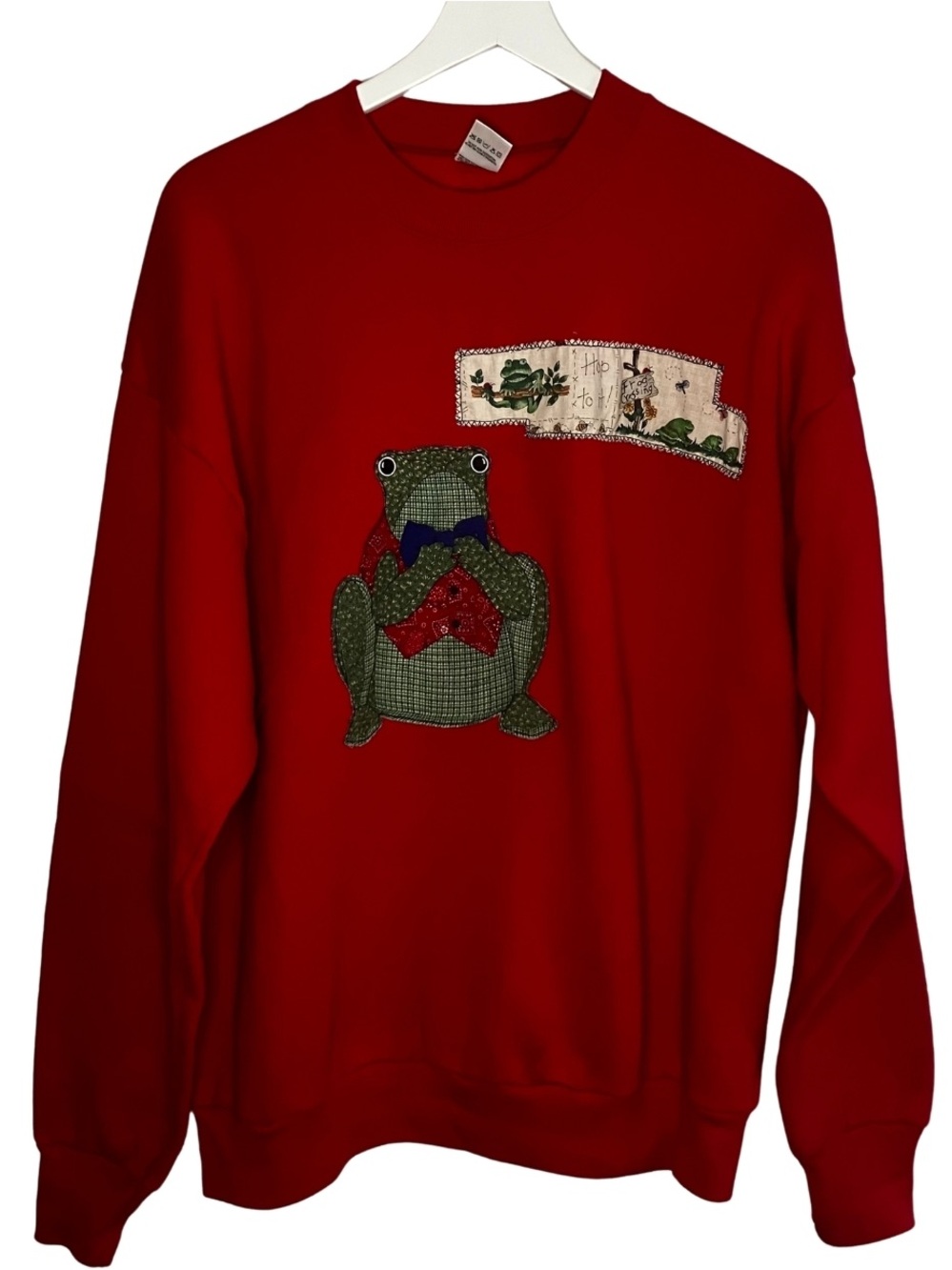 Vintage Frog Applique Crew Neck Sweatshirt Patchwork Cottagecore Red USA XL